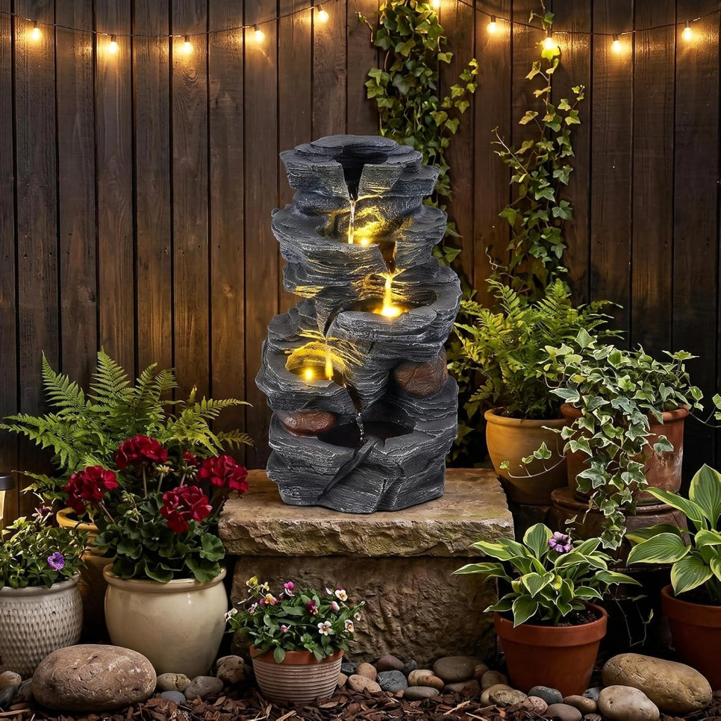 Fontana da Giardino, Fontanella Elettrica da Tavolo con Luci LED | Fontana Cascata in Resina a 5 Livelli con Flusso d'Acqua Regolabile e Pompa, da Interno ed Esterno per Terrazzo e Cortile