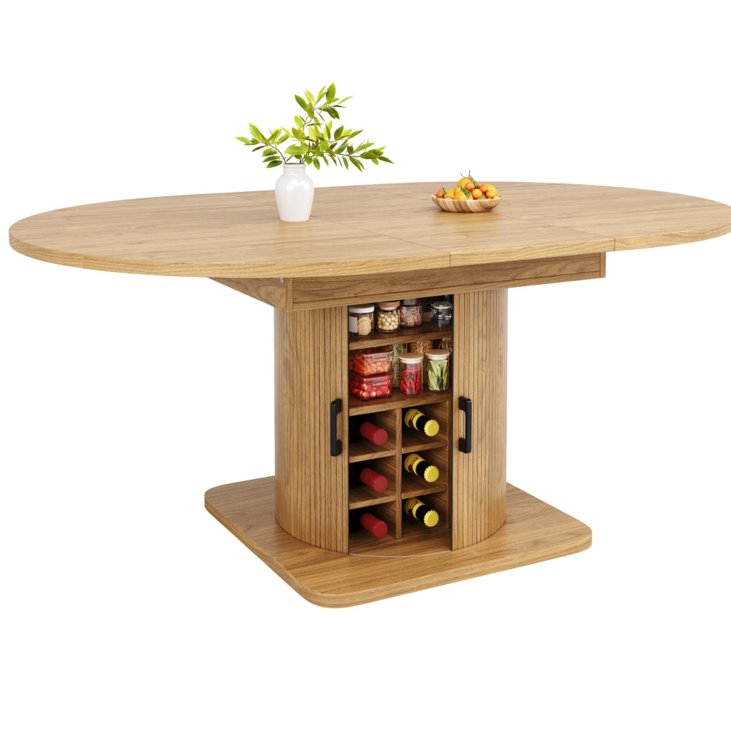 Tavolo allungabile 118x118x76 cm con contenitore; ripiani estraibili e portabicchieri; MDF e metallo; naturale
