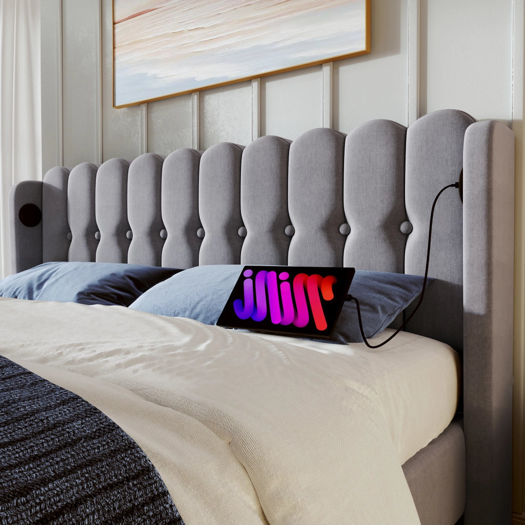 OKWISH Letto Imbottito 180×200 cm, Letto Matrimoniale con USB, Tipo C e Testiera a Pannelli, senza Materasso, in Lino, Grigio