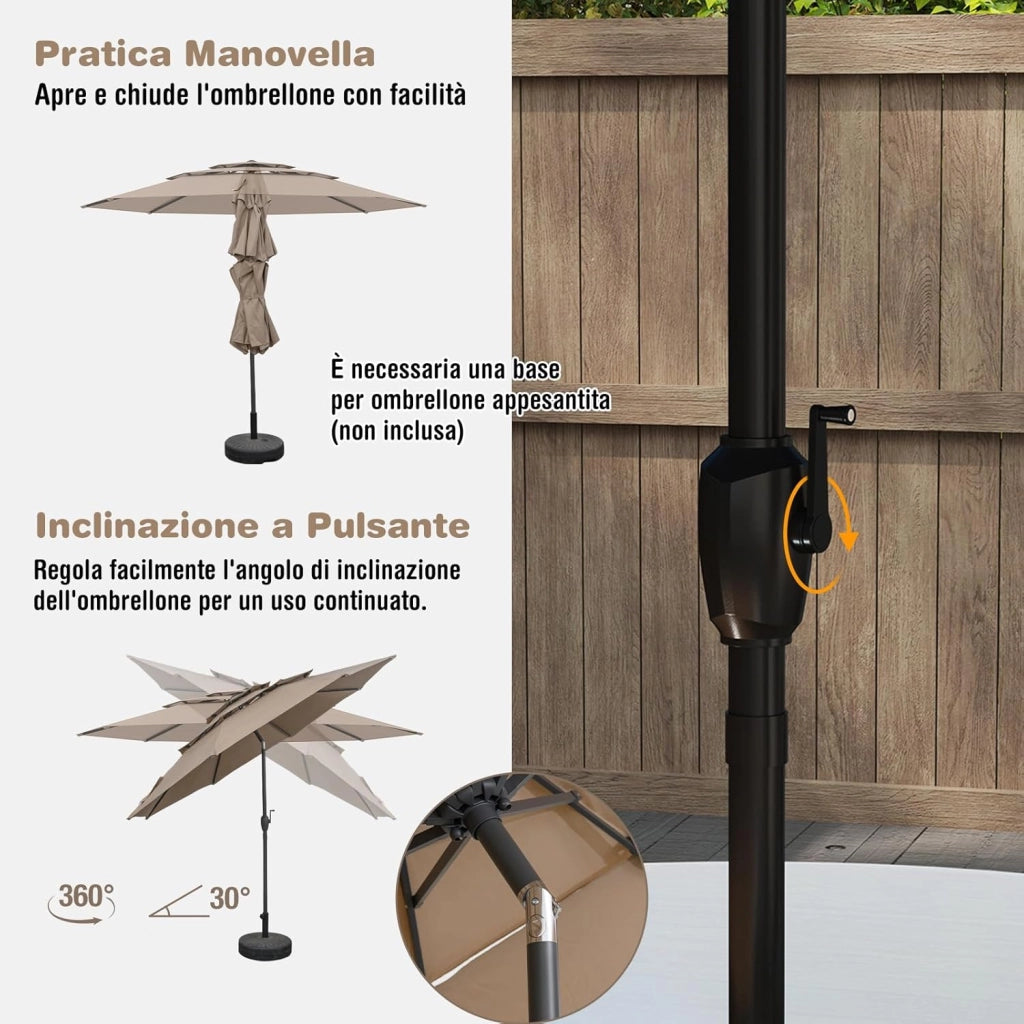 Ombrellone da Giardino 300 cm, Ombrellone Esterno con Inclinazione Regolabile, Ombrellone a 3 Livelli con Manovella 8 Stecche, per Giardino Piscina Cortile (Marrone)