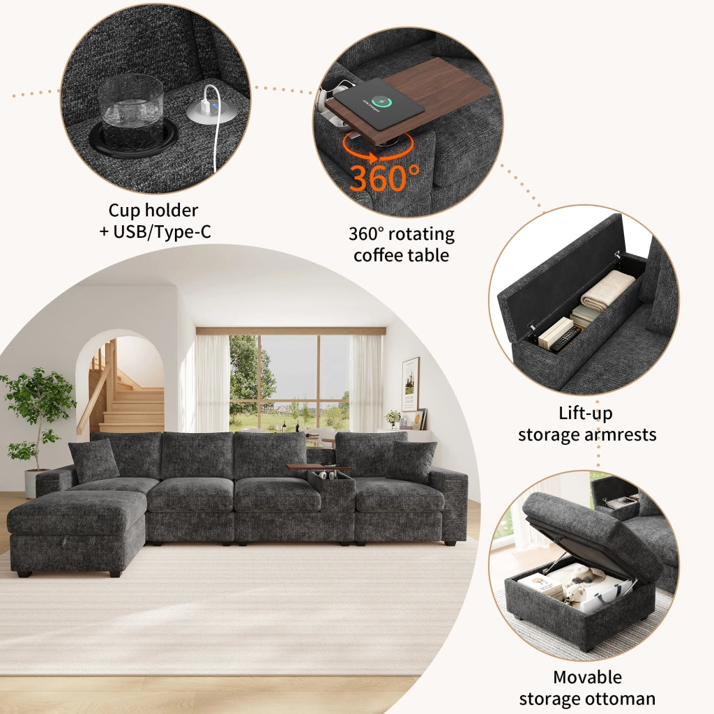 Divano modulare angolare con pouf porta bicchieri USB e tipo C con contenitore in chenille grigio 313 × 147 × 82 cm