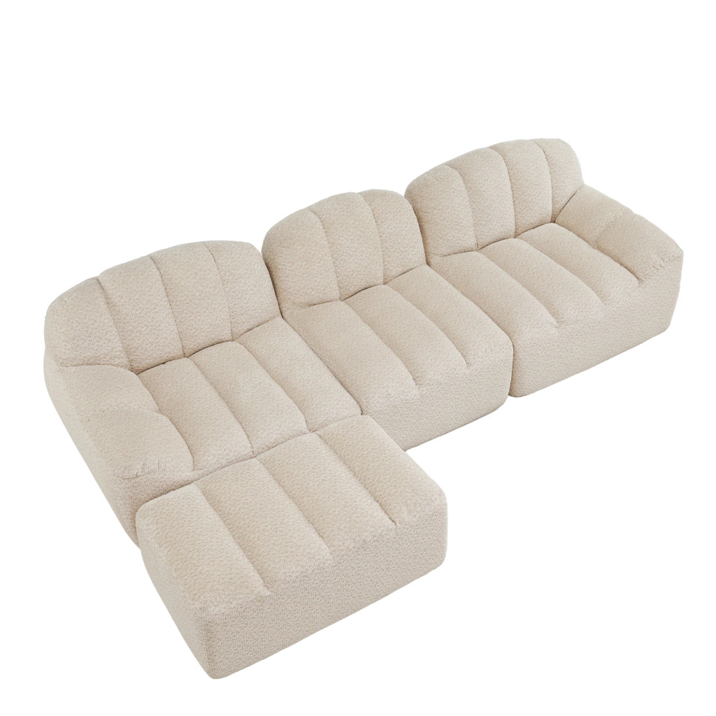 Divano modulare angolare 3 posti con pouf; 288 x 165 x 79 cm; beige e bianco
