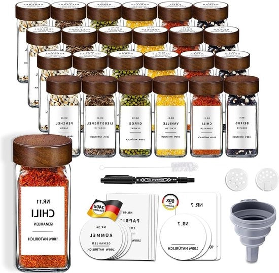 Scatole per erbe quadrato 24 pezzi - coperchio in legno di acacia - scatole per erbe integrate - 320 etichette per erbe - struzzo per erbe - 120 ml - scatole per erbe in vetro di borosilicato di alta qualità
