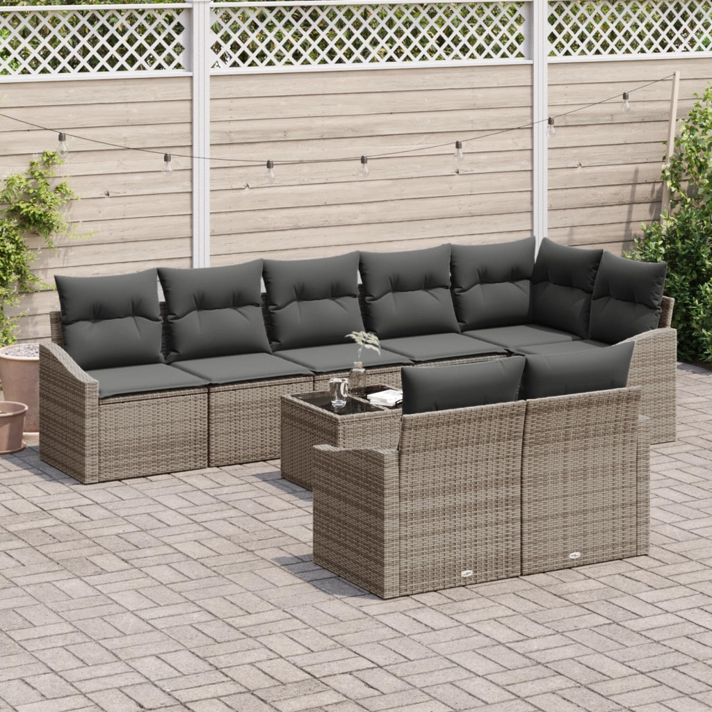 Set divani giardino da 8 pezzi con cuscini in polyrattan nero
