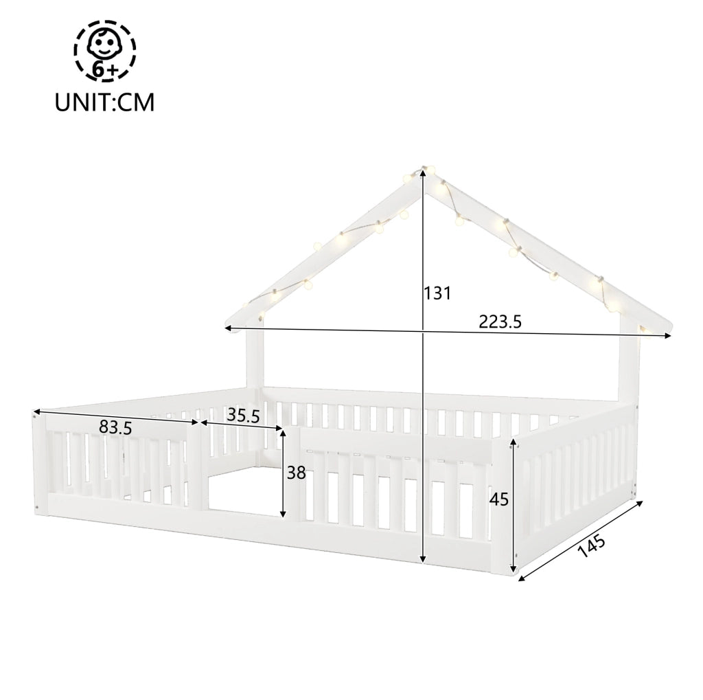 Letto a casetta per bambini 140x200 cm in MDF e pino bianco con LED e sponde