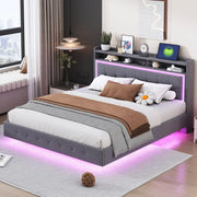 Letto matrimoniale 160 × 200 cm con USB, LED e contenitore in testiera, senza materasso, grigio