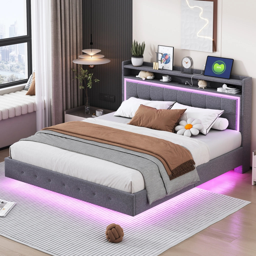 Letto matrimoniale 160 × 200 cm con USB, LED e contenitore in testiera, senza materasso, grigio