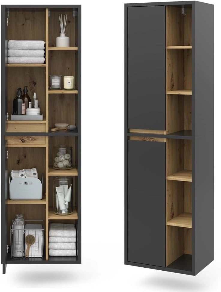 Armadio per il bagno Viola, Antracite, 50 x 170 cm con ante e vani a giorno, adatto al montaggio a parete e combinabile con altri mobili Viola