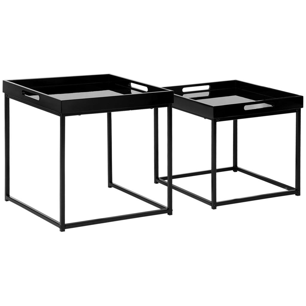 Easycomfort Set da 2 Tavolini da Caffè Impilabili con Finitura Lucida e Telaio in Acciaio, Nero