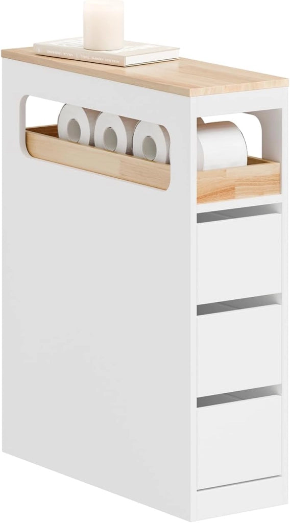 Mobile Bagno, Mobile Salvaspazio con 3 Cassetti, Ripiano in Legno e Rotelle – Mobiletti Stretti, Cassettiera Bagno da Terra, Struttura Resistente e Design Moderno BZR54-II-W