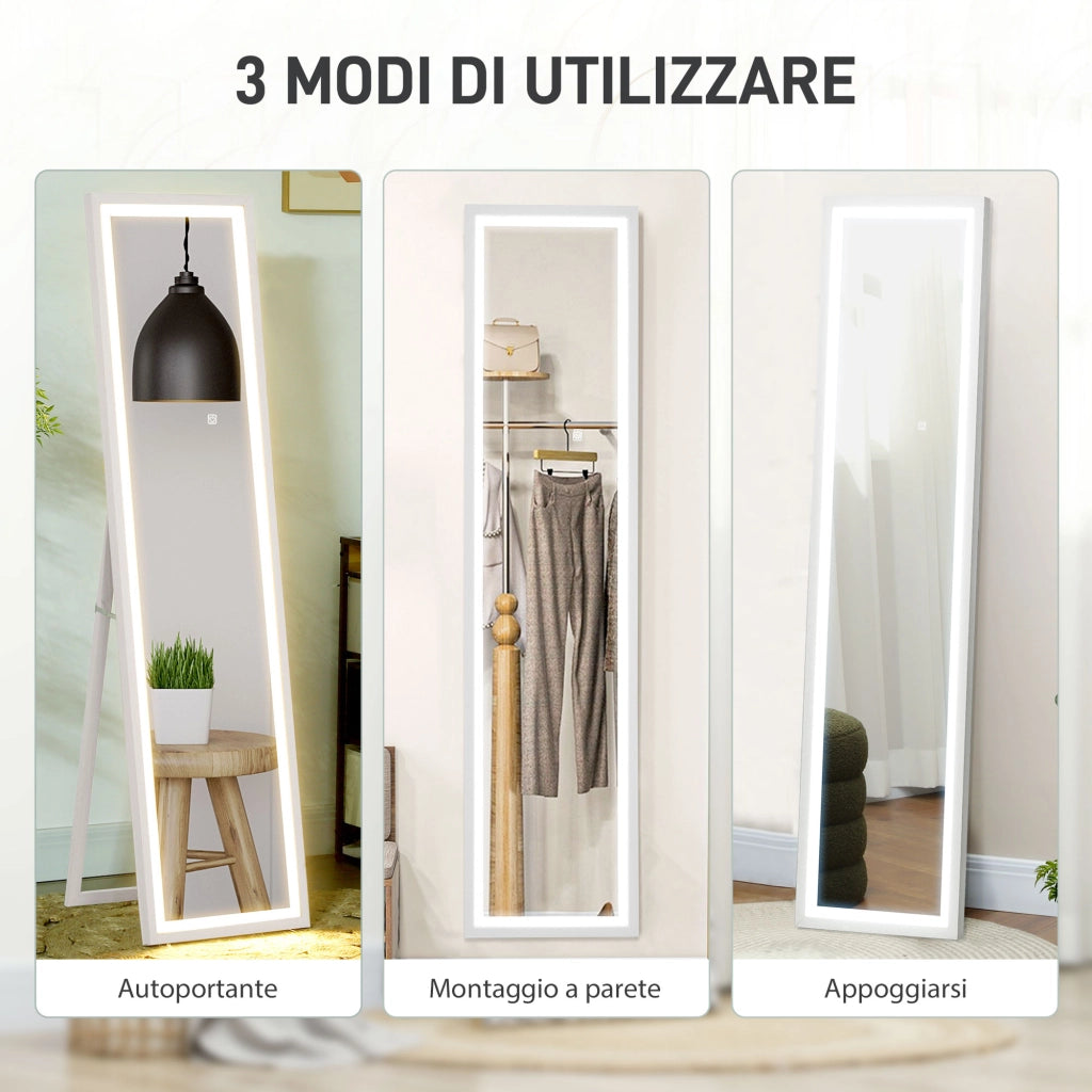 Specchio Illuminato con Luci LED Regolabili e Pulsante Touch 40x5x160 cm in Vetro e MDF Bianco