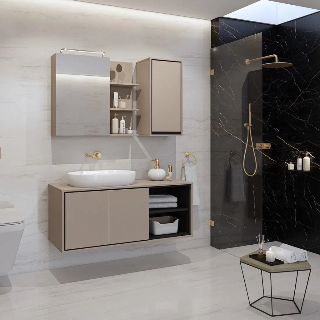Mobile sospeso da bagno collezione GOBI colore marrone.