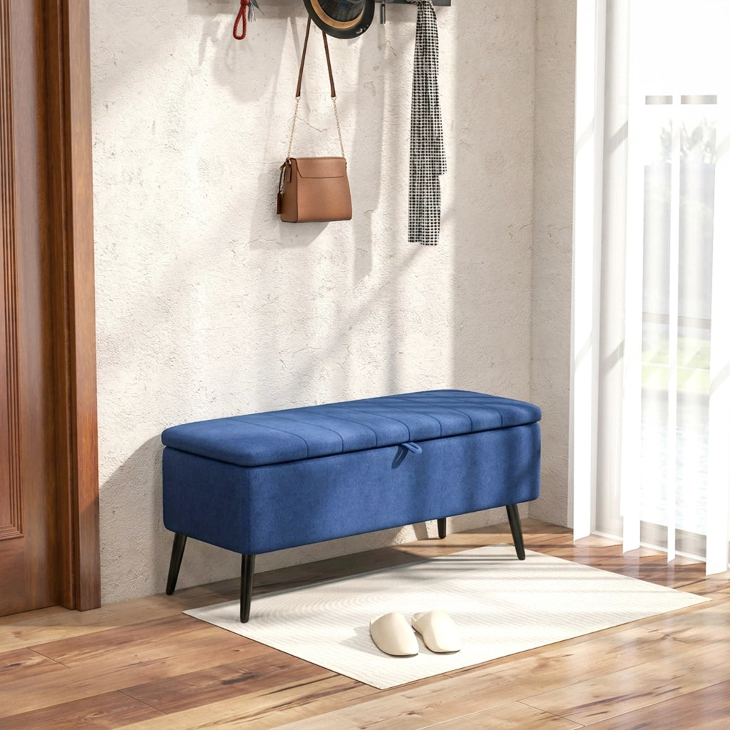 Panca Contenitore Pouf Poggiapiedi Imbottito, 102x40x44 cm, Blu Scuro