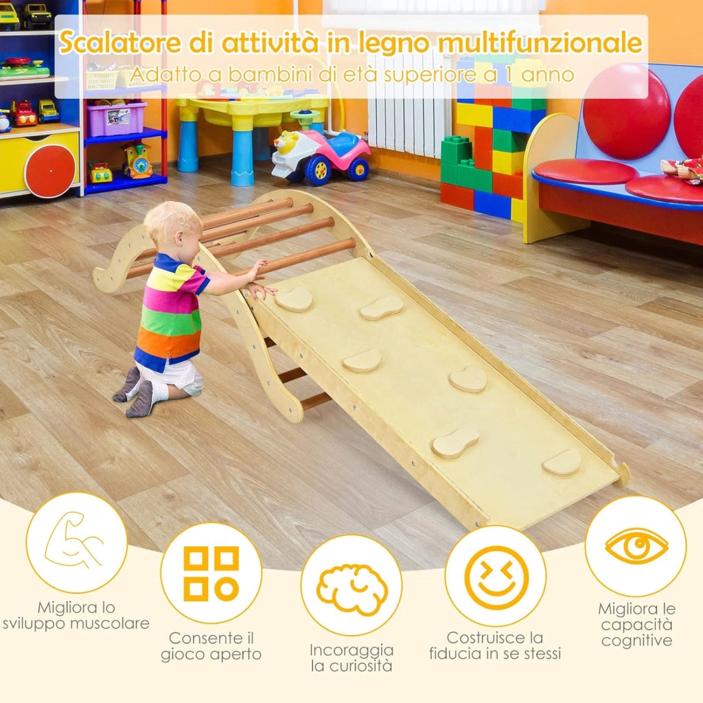 4 in 1 Set da Arrampicata per Bambini, Scala Giochi Arrampicata con Tappetino, Scala a Volta Versatile per Arrampicarsi e Scivolare, Carico 60 kg (Naturale)