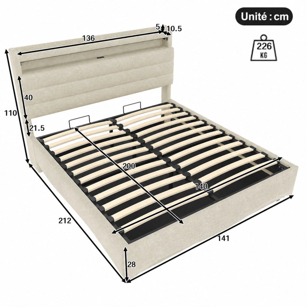 DESMIU Letto contenitore 140 × 200 cm 2 posti con LED regolabile, USB, USB-C e vano, senza materasso, beige