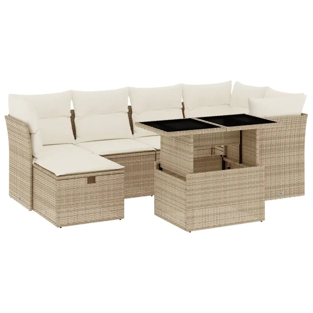 Set Divani da Giardino 7 pz con Cuscini Beige in Polyrattan