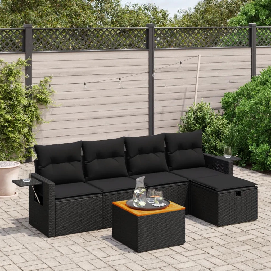 Set Divano da Giardino 6 pz con Cuscini Nero in Polyrattan