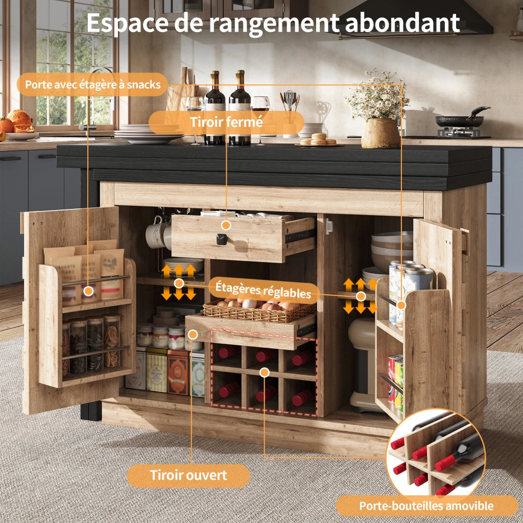 Credenza da cucina girevole 360° con 2 piani; 1 cassetto; portabottiglie rimovibile; per cucina; 120-197 × 40 × 74.2 cm