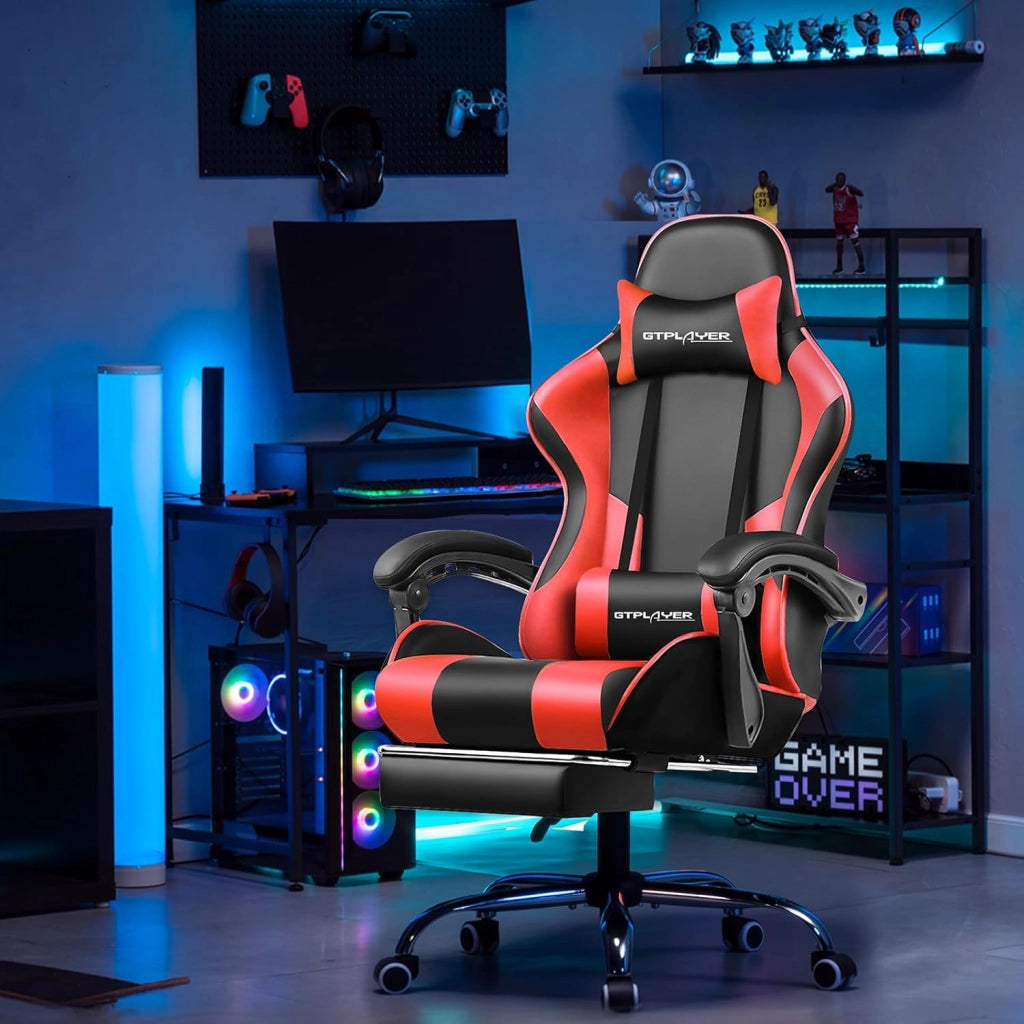 Sedia da gioco, sedia da ufficio, sedia ergonomica per PC, poltrona da gioco con supporto per massaggi, sedie Task con poggiapiedi e poggiatesta, in ecopelle rossa