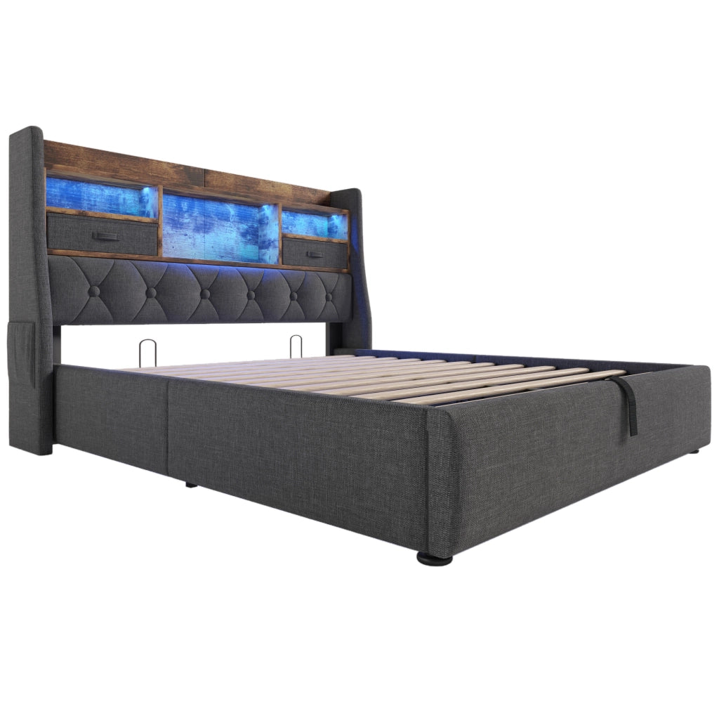 Letto 140x200 cm in lino grigio con contenitore， LED e USB， senza materasso