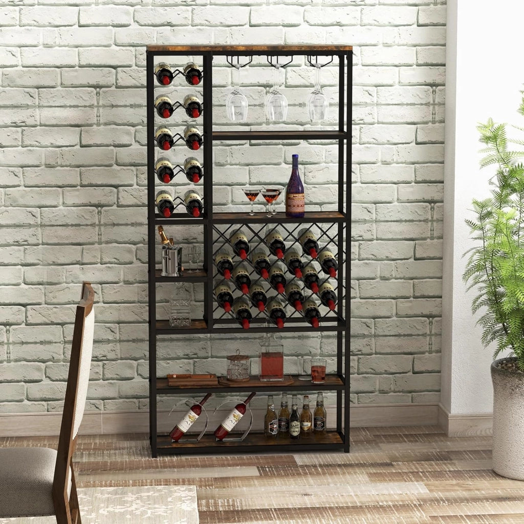 Portabottiglie Industriale da Pavimento, Scaffale per Vino Indipendente, Armadio in Metallo con Righe per Tazze e Bottiglie, Mobile Multistrato, 81 x 23 x 166 cm