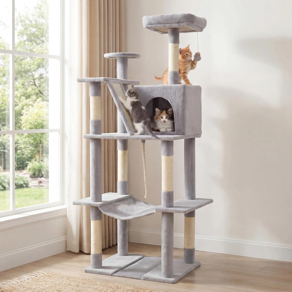 Albero per Gatti Alto 158 cm, Albero Tiragraffi con Trespolo di Peluche, Grotta, Amaca, Tiragraffi in Sisal, Rampa, Corda Appesa e Pallina Pendenti, Centro Attività per Gattini (Grigio Chiaro)