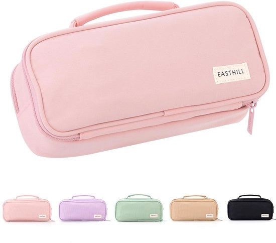 Etui per penna con capacità di grandi dimensioni, con maniglia, in tela, contenitore per scuola per ragazze - rosa