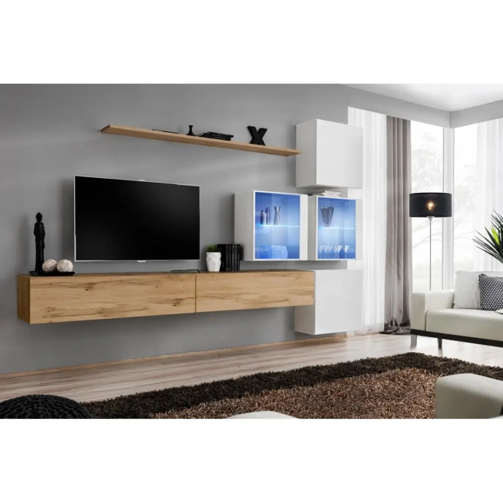 Set di mobili da salotto SWITCH XIX design, colore quercia Wotan e bianco lucido.