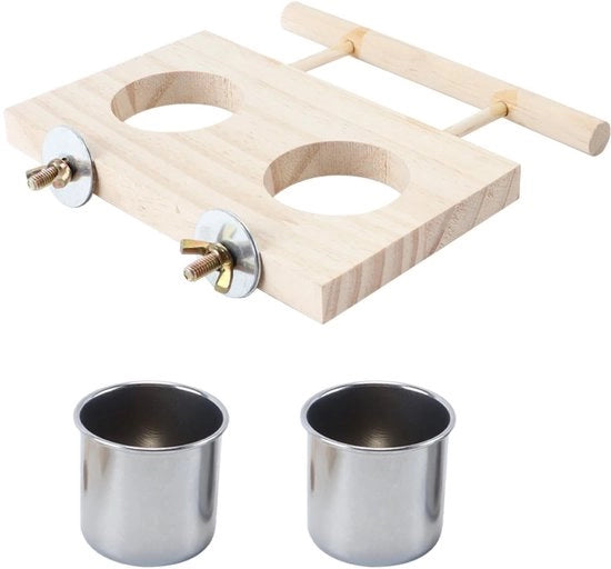 Set di cibo per uccelli - Sostituzione per pappagalli e parketti - Materiale hout/Roestvrij Staal - Supporti per sedere - Dimensioni 13,5 x 10 cm - Ciotola per cibo