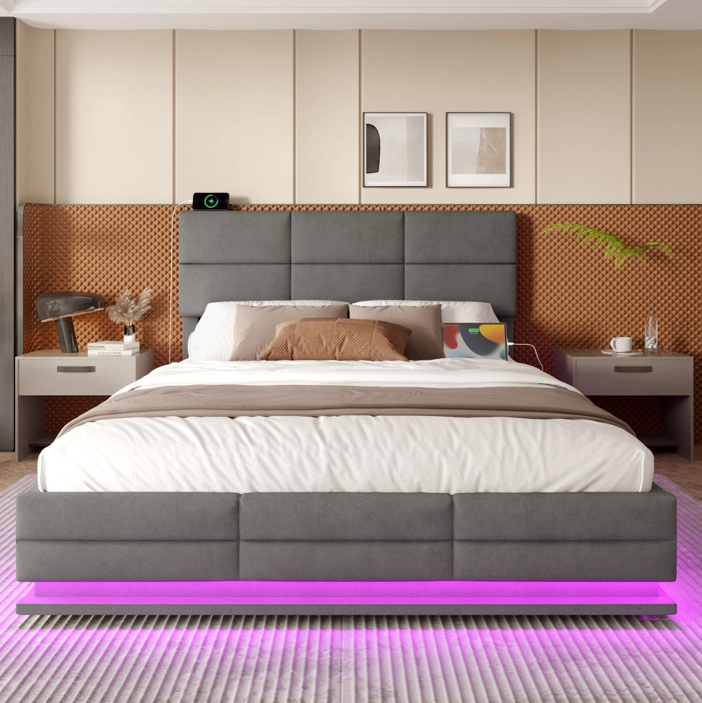 Letto 140x200 cm con testiera regolabile; LED; USB e contenitore in velluto grigio scuro