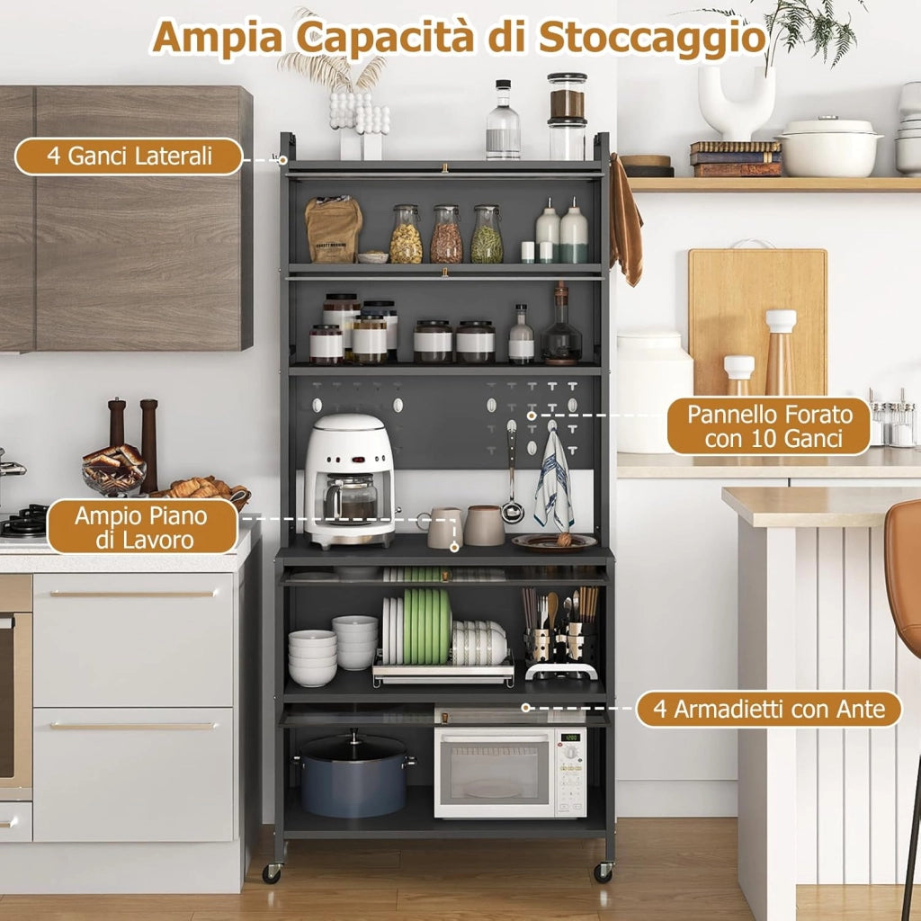 Credenza Alta per Cucina con 6 Ripiani e 4 Ante a Ribalta Traslucide, Mobile Cucina con Ruote e Panello a Ganci, Armadio Cucina Porta Microonde, per Soggiorno (Grigio, 80 x 40 x 178 cm)