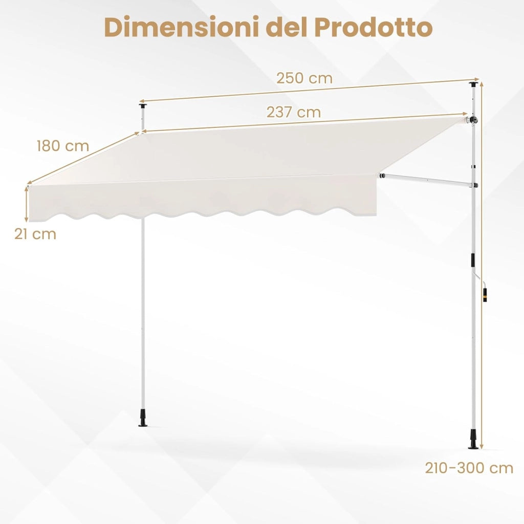 Tenda da Sole a Morsetto, Regolabile in Altezza e Inclinazione con Manovella, Telo Impermeabile e Resistente ai Raggi Solari e Telaio Antiruggine, Tenda Retrattile Senza Foratura (2,5M,Bianco)