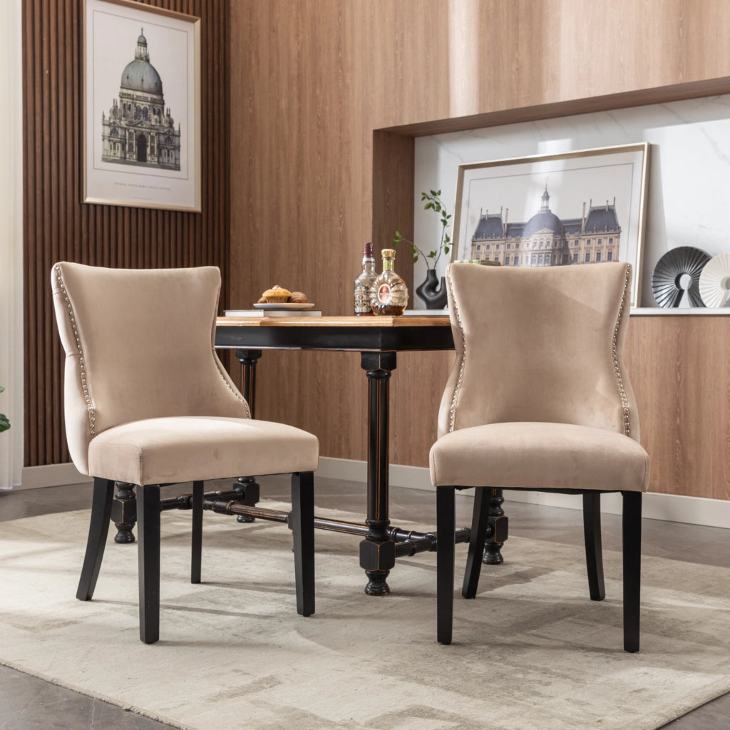 Sedie da Pranzo Imbottite in Velluto ¨C Xylo ¨C Beige, Gambe in Legno Massello, Set 2 Pezzi