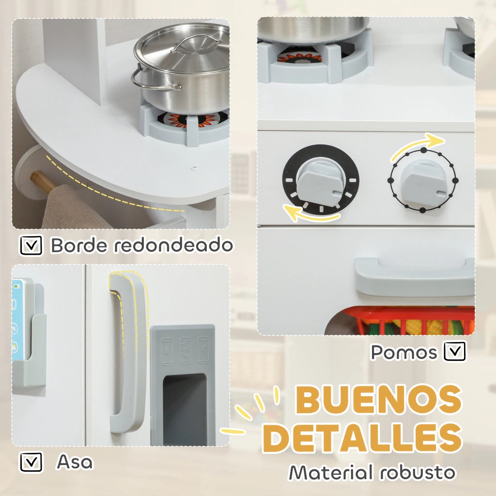 Cucina Giocattolo in Legno per Bambini con Accessori Bianco ¨C zephmum ¨C 80x40x100