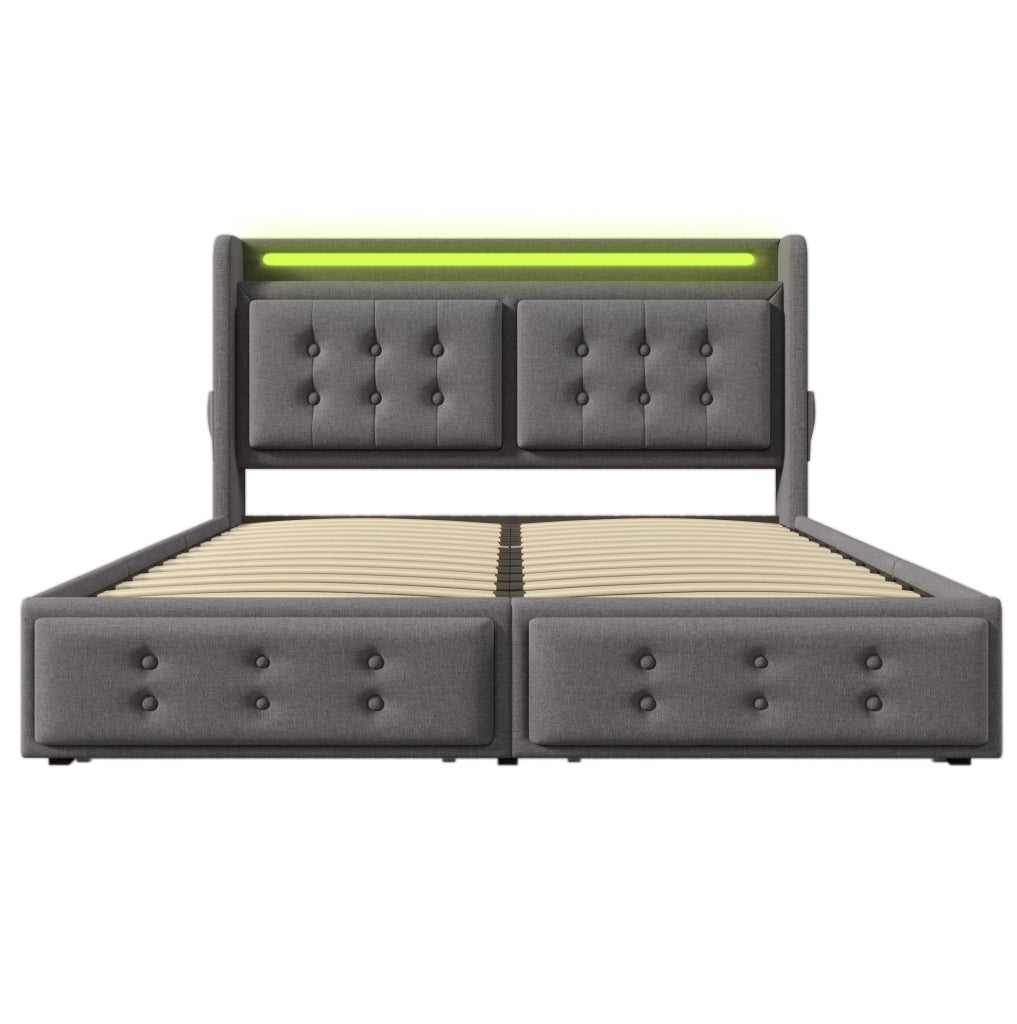 Letto imbottito 140x200 con LED, porte USB-C e USB, 4 cassetti, rete a doghe e materasso incluso, grigio