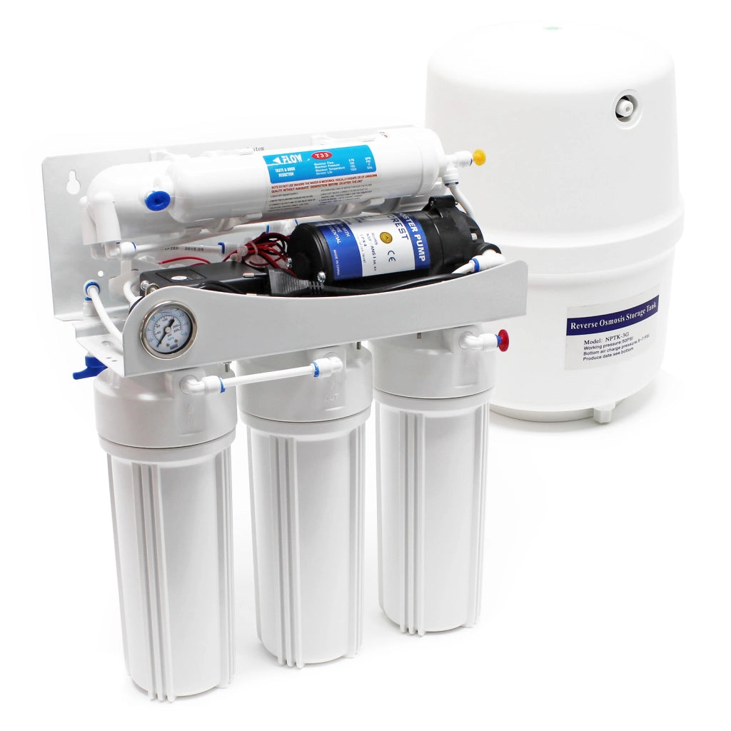 Naturewater Impianto osmosi inversa, filtrazione a 5 stadi 180 l/giorno, con pompa, serbatoio e manometro