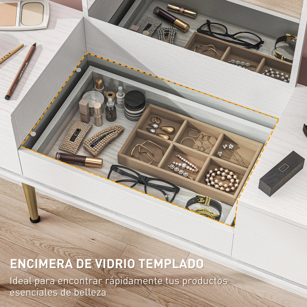 Tocador con Specchio e Cassetti ¨C zephmum ¨C 105.5x30x130.5 cm Bianco Dorato