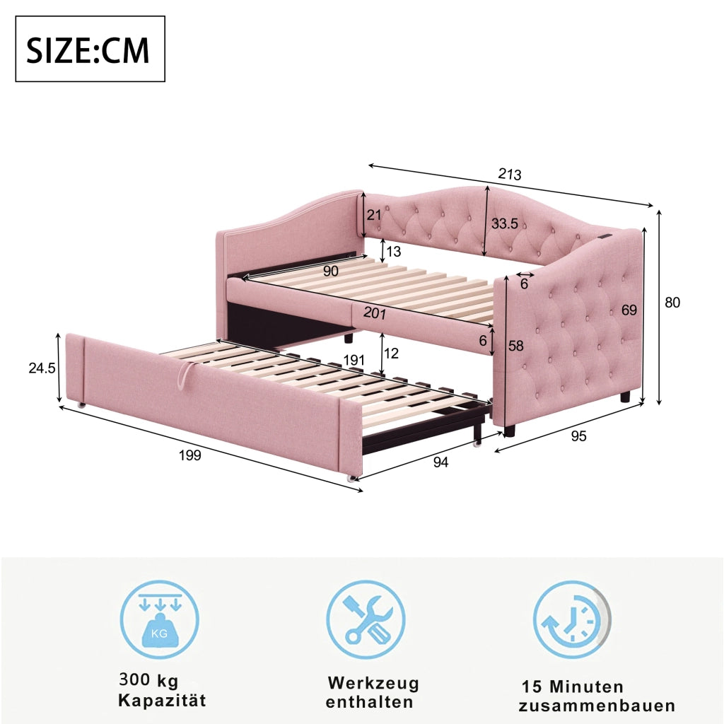 Letto singolo 90×200 cm salvaspazio estraibile con USB e rete; senza materasso; tessuto; rosa