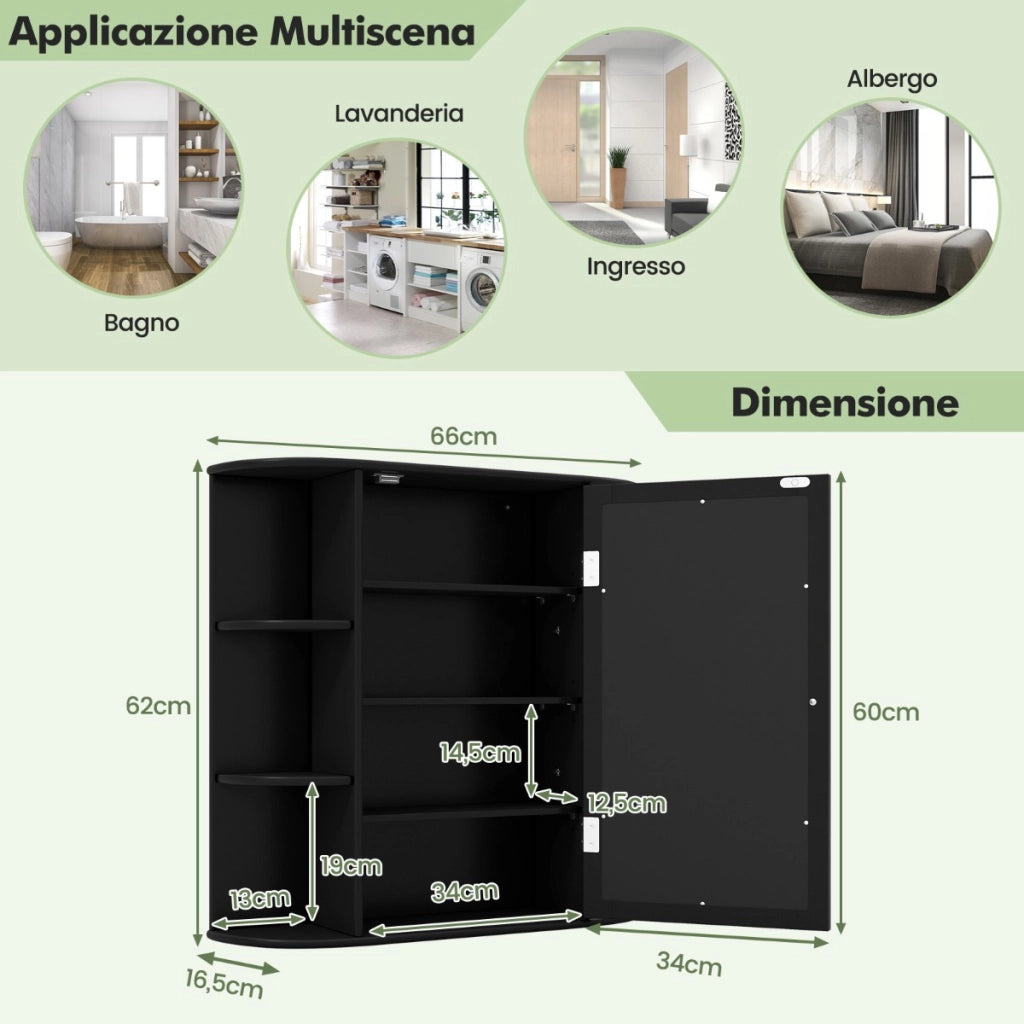 Armadietto del bagno con specchio e mensole regolabili al muro-Armadietto di legno per bagno e salone Nero
