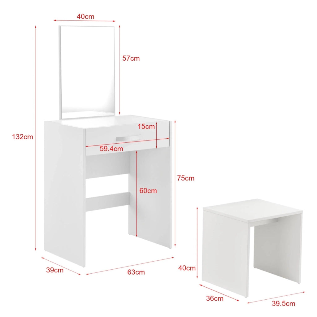 Toeletta con specchio cassetto sgabello cassettiera da parrucchiere 132 cm bianco 03_0005019