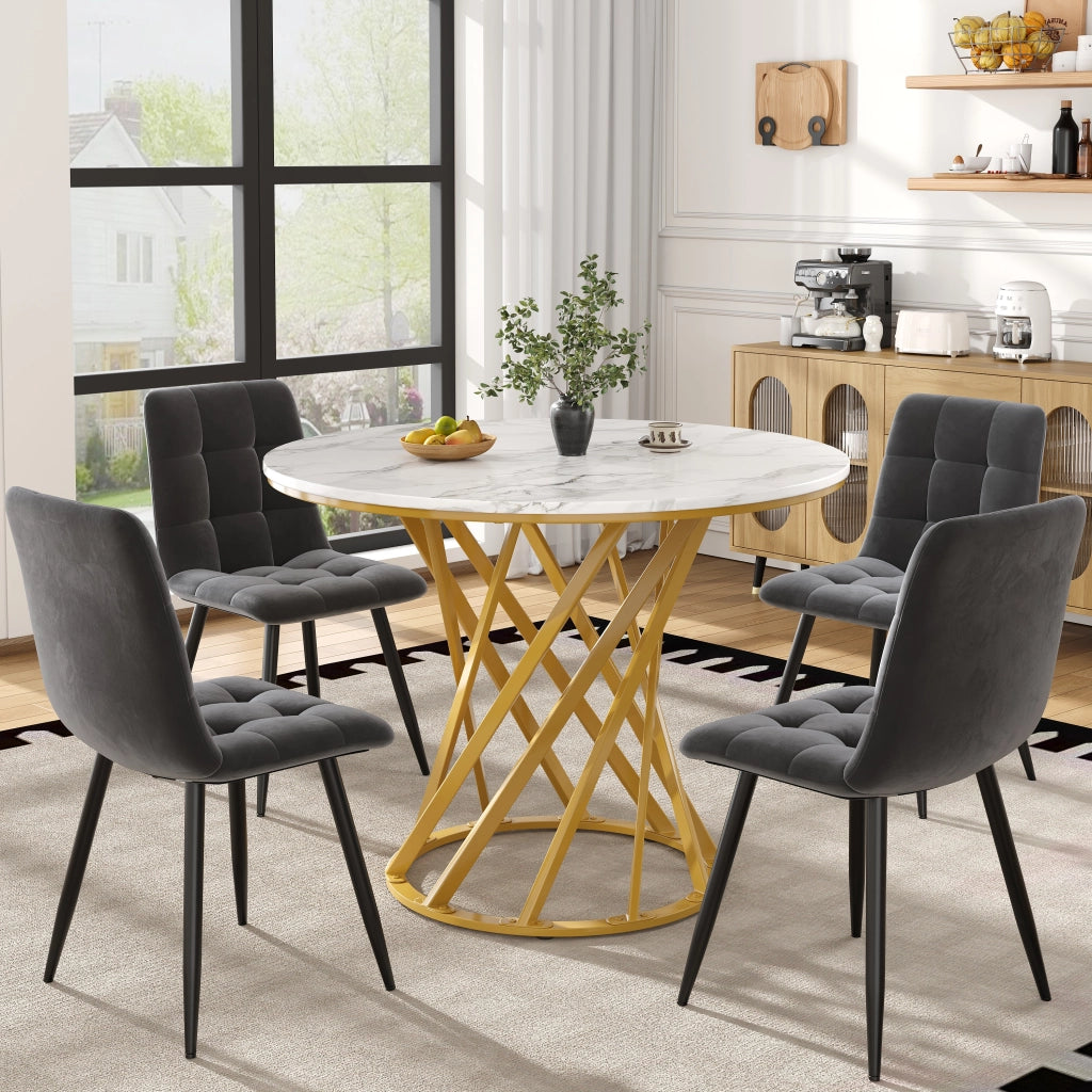 Tavolo da pranzo per 4 persone con 4 sedie in velluto, piano rotondo effetto marmo, in metallo, per cucina, diametro 80 cm