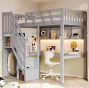 Letto a soppalco 90x200 cm con scrivania; scala contenitore e LED; grigio in legno