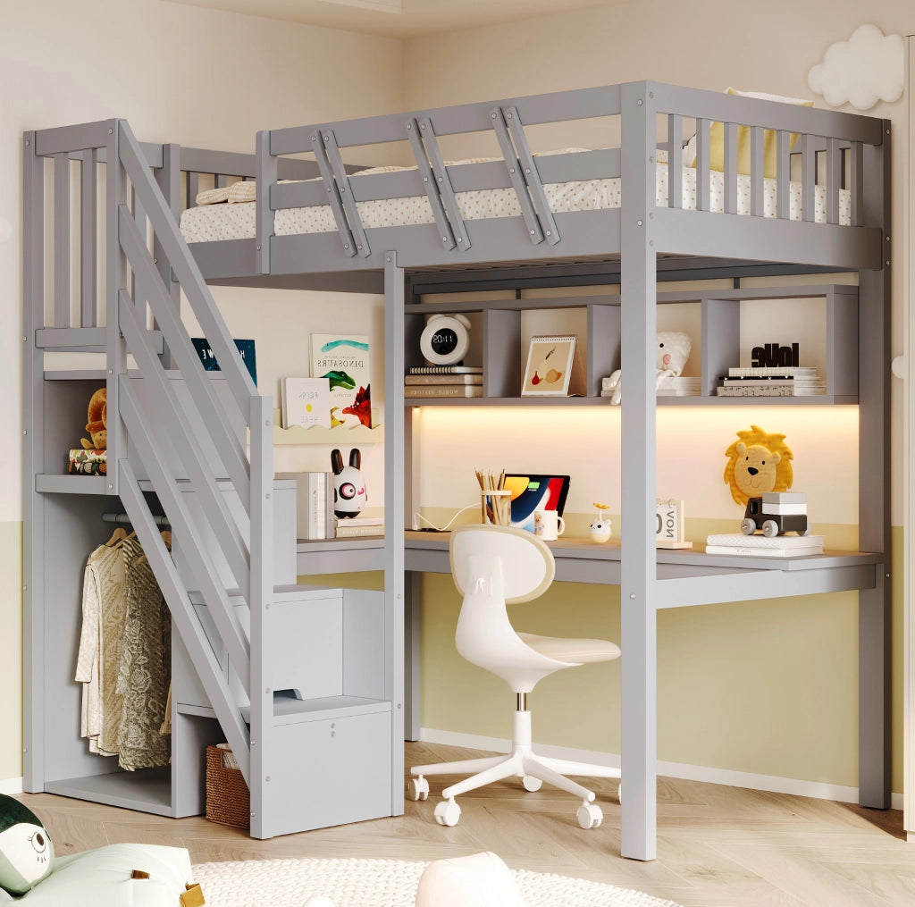 Letto a soppalco 90x200 cm con scrivania; scala contenitore e LED; grigio in legno