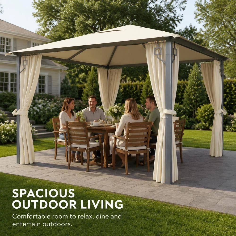 Pavilion With Curtains & LED String Lights 300x300 Cm Cream Aluminum