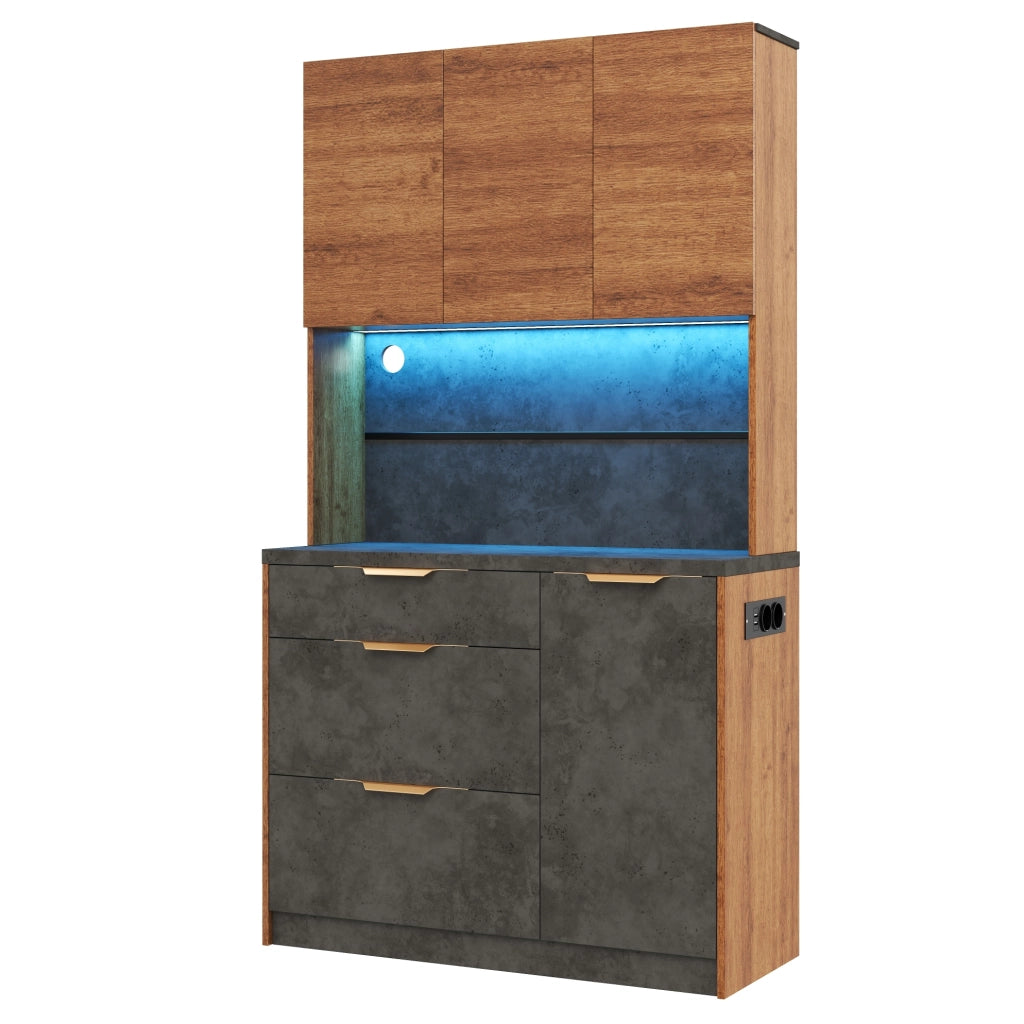Credenza alta 100x40x180 cm con LED RGB, prese e USB in MDF naturale