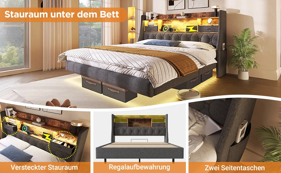 Letto imbottito con luci LED, testiera contenitore e prese di ricarica, grigio