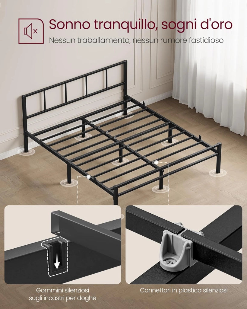 VASAGLE Telaio letto matrimoniale 160 x 200 cm, telaio letto con rete a doghe, testiera, letto in metallo, portata fino a 500 kg, facile da montare, per camera da letto, colore nero inchiostro