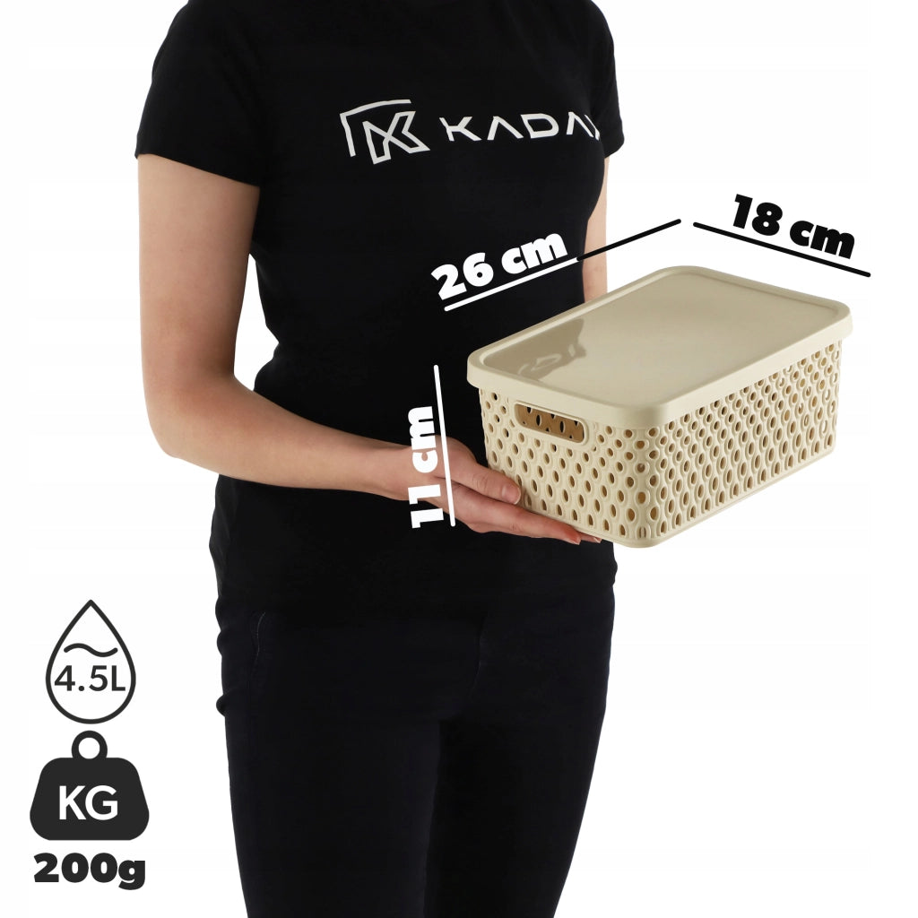 Set di 3 cestini in plastica beige KADAX con coperchio.