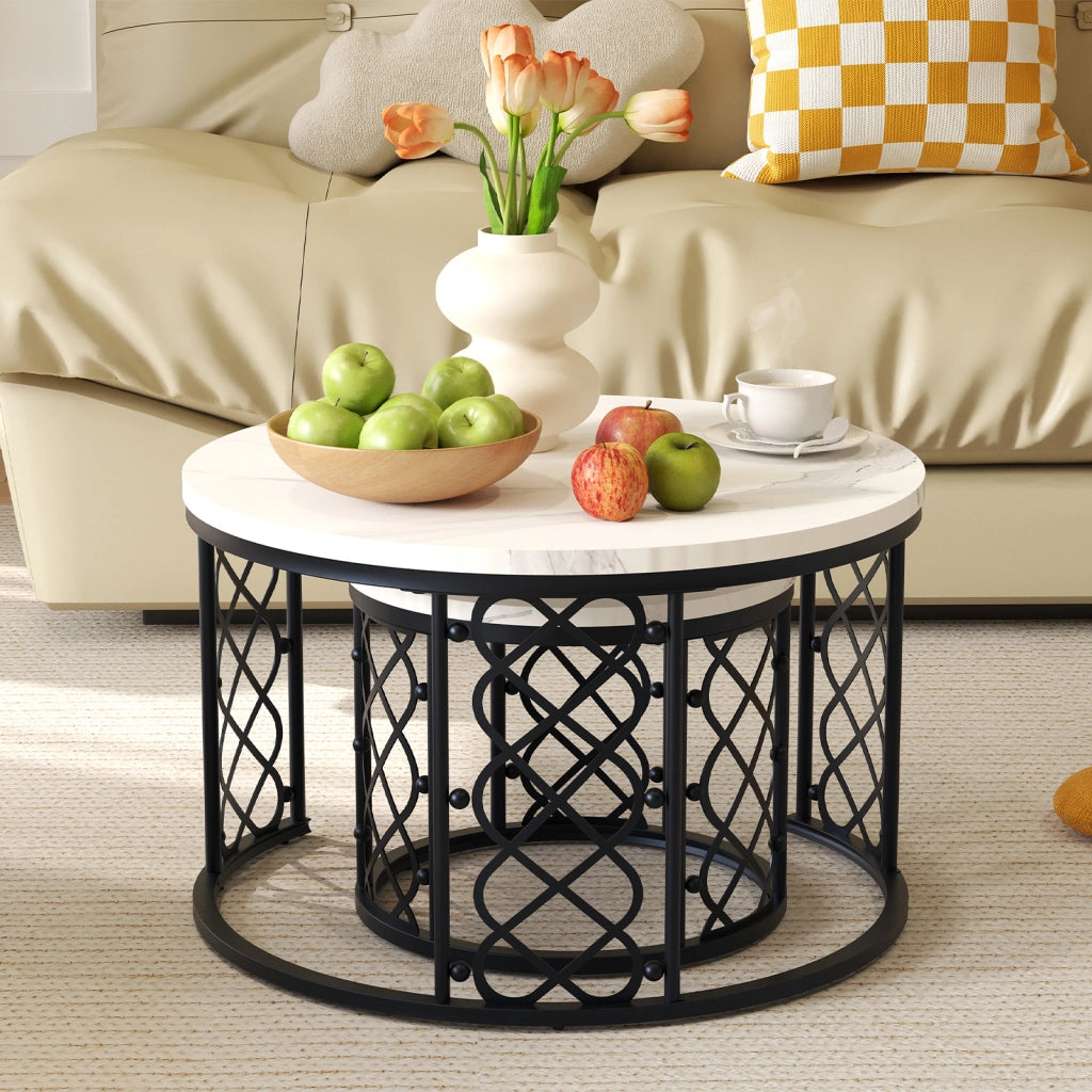 Set di 2 Tavolini da Salotto con Effetto Marmo, Struttura in Metallo, Design Nesting