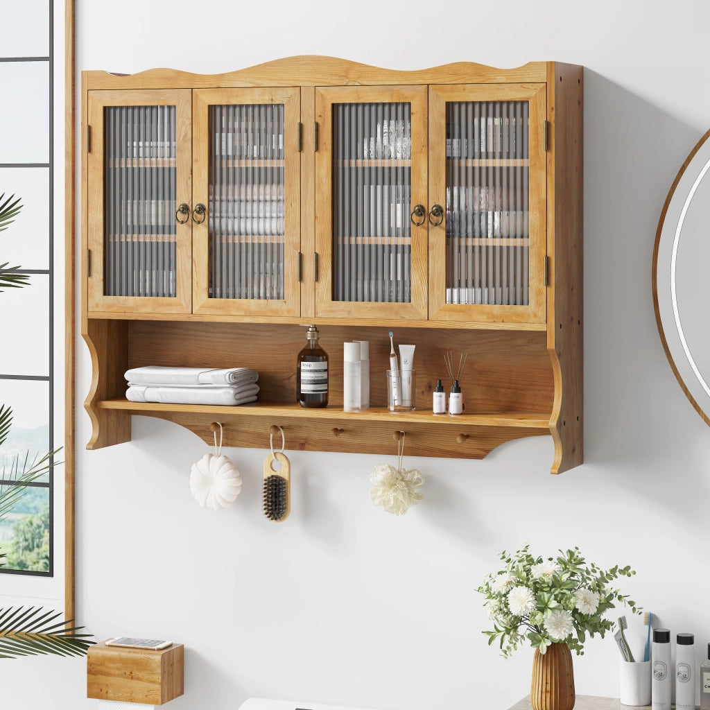 Pensile con 4 Ante; Vano Aperto e Ganci per Bagno e Cucina in Legno Massello 100 × 20 × 80 cm Naturale